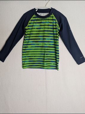 Columbia Omni Shade Navy and Green Striped Kids Rashguard 4T